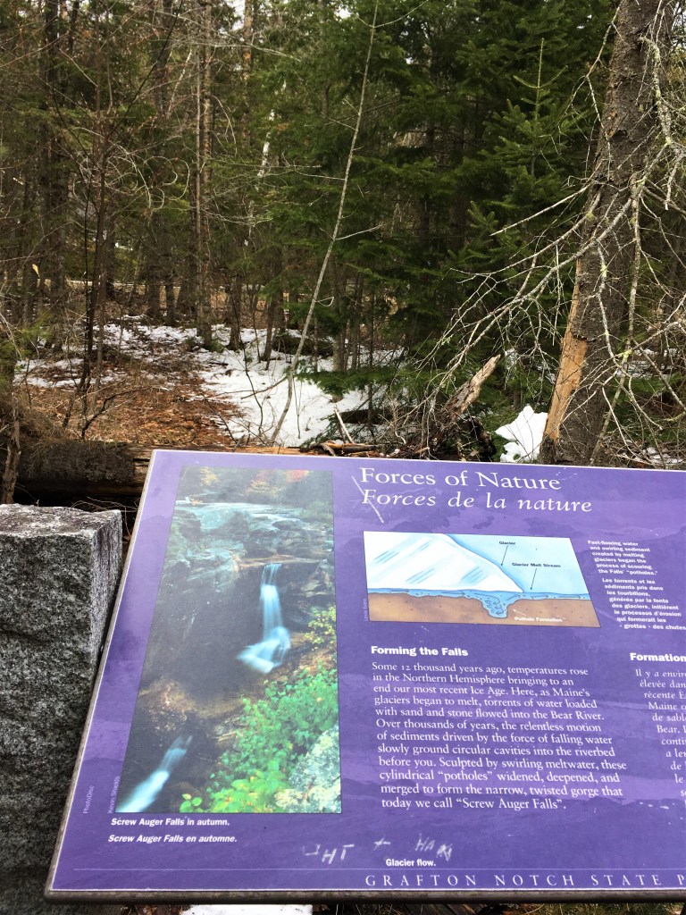 Informational plaque titled "Forces of Nature" that reads:
Some 12 thousand years ago, temperatures rose in the Northern Hemisphere bringing to an end our most recent Ice Age. Here, as Maine's glaciers began to melt, torrents of water loaded with sand and stone flowed into the Bear River. Over thousands of years, the relentless motion of sediments driven by the force of falling water slowly ground circular cavities into the riverbed before you. Sculpted by swirling meltwater, these cylindrical "potholes" widened, deepened, and merged to form the narrow, twisted gorge that today we call "Screw Auger Falls."